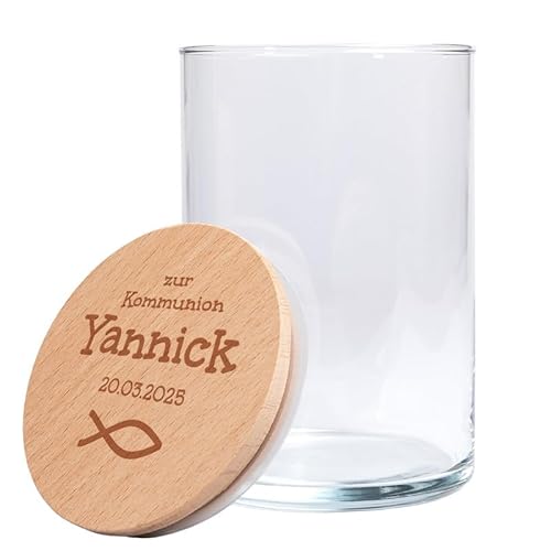 Personalisiertes Vorratsglas mit Holzdeckel | zur Kommunion (Fisch) | Kommunionsgeschenk | mit Wunschnamen und Wunschdatum graviert | Geschenkidee für das Kommunionskind von Geschenke 24