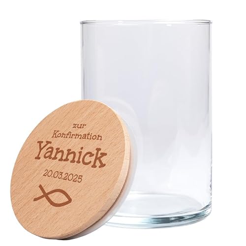 Personalisiertes Vorratsglas mit Holzdeckel | zur Konfirmation (Fisch) | Konfirmationsgeschenk | mit Wunschnamen und Wunschdatum graviert | Geschenkidee für den Konfirmanden von Geschenke 24