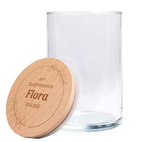 Personalisiertes Vorratsglas mit Holzdeckel | zur Konfirmation (Kranz aus Blumen) | Konfirmationsgeschenk | mit Wunschnamen und Wunschdatum graviert | Geschenkidee für den Konfirmanden von Geschenke 24