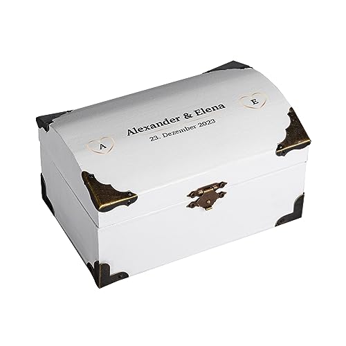 Schatzkiste zur Hochzeit als personalisiertes Hochzeitsgeschenk für das Brautpaar I Weiß I Herzen I Verpackung für Geldgeschenk von Geschenke 24