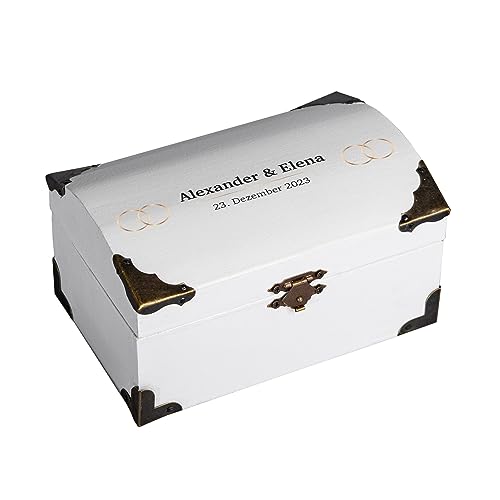 Schatzkiste zur Hochzeit als personalisiertes Hochzeitsgeschenk für das Brautpaar I Weiß I Ringe I Verpackung für Geldgeschenk von Geschenke 24