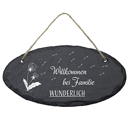 Geschenke 24 Schiefertafel - Türschild mit Pusteblume und Personalisierung (oval): Schieferplatte zum Beschriften für Deine Familie - Geburtstagsgeschenk von Geschenke 24