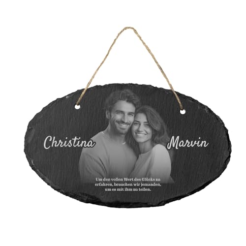 Schiefertafel personalisiert für Paare (oval)| mit Wunschfoto, Wunschnamen und Wunschtext bedruckt | Pärchengeschenk | Dekogeschenk | nachhaltige Geschenkidee von Geschenke 24