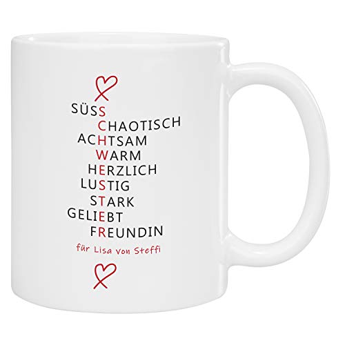 Geschenke 24 Tasse – beste Schwester mit Kreuzworträtsel (Großbuchstaben): Becher mit liebevollem Spruch und Namen bedruckt – Geschenkidee für Deine Schwester – Scrabble Motiv mit Personalisierung von Geschenke 24