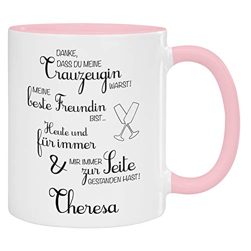Geschenke 24 Tasse - Trauzeugin (rosa - personalisiert): kreatives Geschenk für Trauzeugen mit Spruch - personalisiert mit Namen - Kaffeetasse bedrucken, Geschenk für die beste Freundin von Geschenke 24