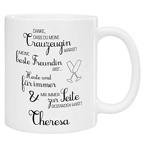 Geschenke 24 Tasse - Trauzeugin (weiß - personalisiert): kreatives Geschenk für Trauzeugen mit Spruch - personalisiert mit Namen - Kaffeetasse bedrucken, Geschenk für die beste Freundin von Geschenke 24