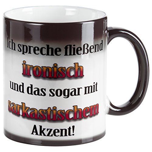 Tasse mit Spruch – Ich spreche fließend ironisch (Zaubertasse Schwarz): lustige Kaffeetasse mit Thermoeffekt Farbwechsel für die Arbeit, Büro – witzige Geschenkidee von Geschenke 24