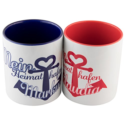 Tassen Set – Heimathafen (1 Rot - 1 Blau): persönliche Kaffeetassen für Freundin/Freund oder Partner/Partnerin – 2 Keramik Becher als Geschenkset mit Namen personalisiert von Geschenke 24