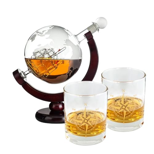 Whisky Geschenkset | Whisky Karaffe Globus und 2 Whiskygläsern mit Goldenem Kompass | Geschenke für Männer | Whiskey Karaffe Set | Karaffe mit Whiskeygläser | Ausgefallenes Geburtstagsgeschenk von Geschenke 24