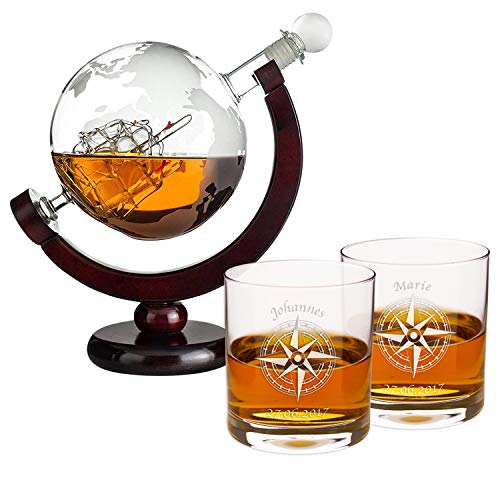 Whisky Geschenkset | Whisky Karaffe Globus und 2 Whiskygläser mit Personalisierung Kompass | Geschenke für Männer | Whiskey Karaffe Set | Karaffe mit Whiskeygläser | Ausgefallenes Geburtstagsgeschenk von Geschenke 24