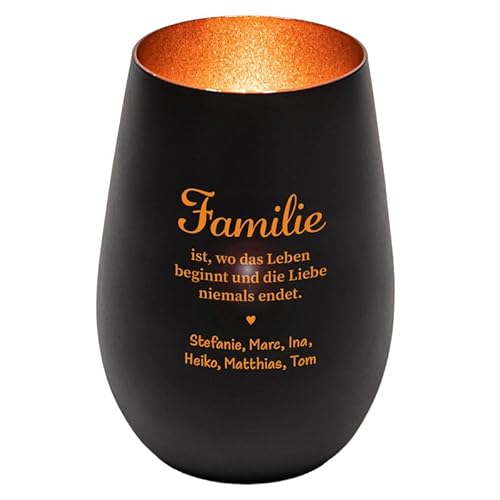 Windlicht aus Glas (schwarz/Bronze) | personalisiert mit den Namen der Familienmitglieder | Dekogeschenk – Teelichtglas | Teelichthalter | Geschenkidee zum Muttertag | mit Gravur von Geschenke 24
