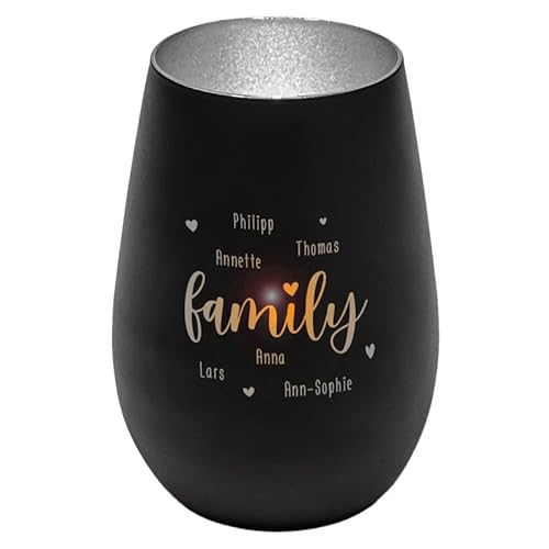 Windlicht aus Glas (schwarz/Silber)| personalisiert mit den Namen der Familienmitglieder | Dekogeschenk – Teelichtglas | Teelichthalter | Geschenkidee zum Muttertag | mit Gravur von Geschenke 24