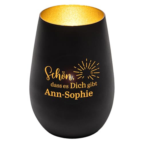 Windlicht aus Glas graviert mit Wunschnamen (Schwarz/Gold,Sonne) | Glückslicht | personalisiert | Teelichtglas | Teelichthalter | Geschenkidee für Männer und Frauen von Geschenke 24