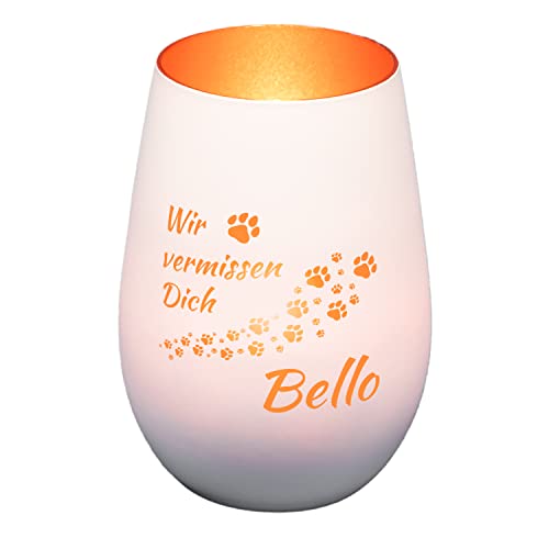 Windlicht aus Glas graviert mit Wunschnamen für Haustier | Hund | Andenken | personalisiert | Trauergeschenk | Teelichtglas | Teelichthalter | Grablicht (Hund, Weiß/Kupfer) von Geschenke 24