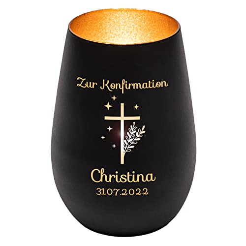 Windlicht mit Gravur zur Konfirmation | Schwarz/Gold | Motiv Kreuz mit Sternen | Geschenk zur Konfirmation Junge Mädchen | Tischdeko und Konfirmationsgeschenk personalisiert | Teelichtglas von Geschenke 24