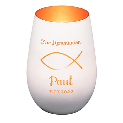 Windlicht mit Gravur zur Kommunion | Weiß/Bronze | Fisch | Personalisiertes Kommunionsgeschenk Junge Mädchen Buben | Tischdeko und Geschenk zur Erstkommunion | Teelichthalter von Geschenke 24