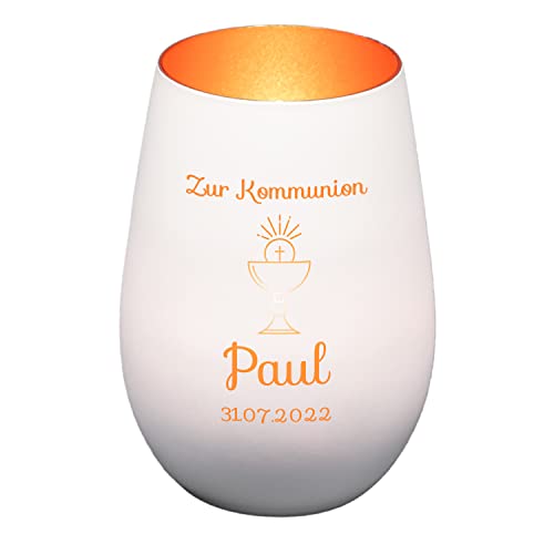 Windlicht mit Gravur zur Kommunion | Weiß/Bronze | Kelch | Personalisiertes Kommunionsgeschenk Junge Mädchen Buben | Tischdeko und Geschenk zur Erstkommunion | Teelichthalter von Geschenke 24