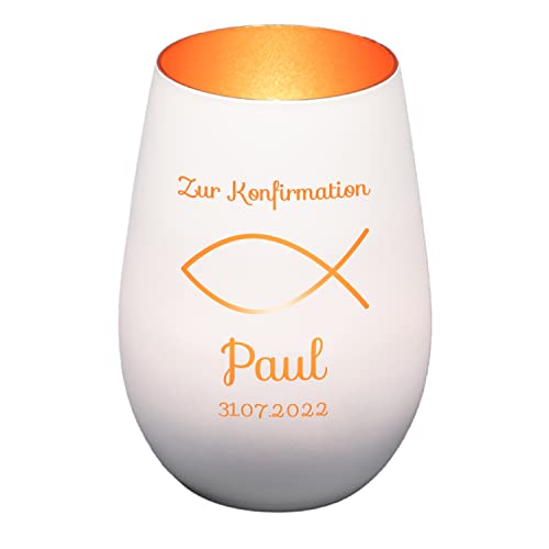 Windlicht mit Gravur zur Konfirmation | Weiß/Bronze | Motiv Fisch | Geschenk zur Konfirmation Junge Mädchen | Tischdeko und Konfirmationsgeschenk personalisiert | Teelichtglas von Geschenke 24