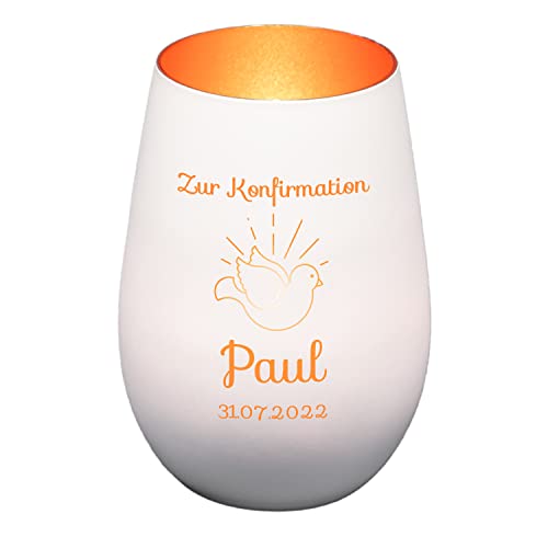 Windlicht mit Gravur zur Konfirmation | Weiß/Bronze | Motiv Taube | Geschenk zur Konfirmation Junge Mädchen | Tischdeko und Konfirmationsgeschenk personalisiert | Teelichtglas von Geschenke 24