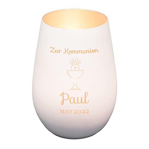 Windlicht mit Gravur zur Kommunion | Weiß/Silber | Kelch | Personalisiertes Kommunionsgeschenk Junge Mädchen Buben | Tischdeko und Geschenk zur Erstkommunion | Teelichthalter von Geschenke 24