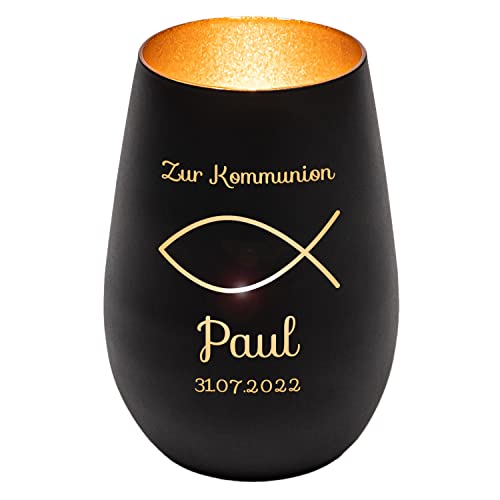 Windlicht mit Gravur zur Kommunion | Schwarz/Gold | Fisch | Personalisiertes Kommunionsgeschenk Junge Mädchen Buben | Tischdeko und Geschenk zur Erstkommunion | Teelichthalter Windlicht mit Gravur zur Kommunion | Schwarz/Gold | Fisch | Personalisiertes Kommunionsgeschenk Junge Mädchen Buben | Tischdeko und Geschenk zur Erstkommunion | Teelichthalter von Geschenke 24