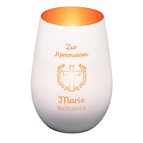 Windlicht mit Gravur zur Kommunion | Weiß/Bronze | Kreuz mit Blumenkranz | Personalisiertes Kommunionsgeschenk Junge Mädchen Buben | Tischdeko und Geschenk zur Erstkommunion | Teelichthalter Windlicht mit Gravur zur Kommunion | Weiß/Bronze | Kreuz mit Blumenkranz | Personalisiertes Kommunionsgeschenk Junge Mädchen Buben | Tischdeko und Geschenk zur Erstkommunion | Teelichthalter von Geschenke 24