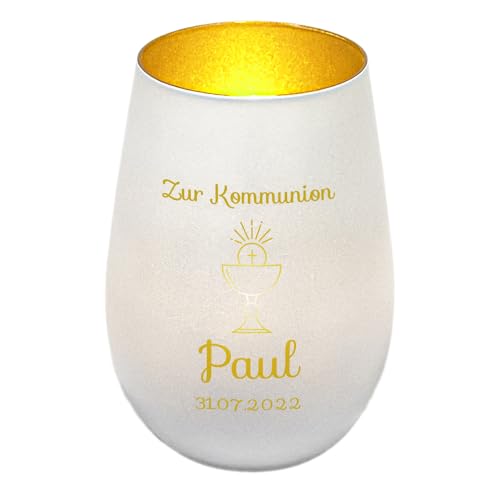 Windlicht mit Gravur zur Kommunion | Weiß/Gold | Kelch | Personalisiertes Kommunionsgeschenk Junge Mädchen Buben | Tischdeko und Geschenk zur Erstkommunion | Teelichthalter von Geschenke 24