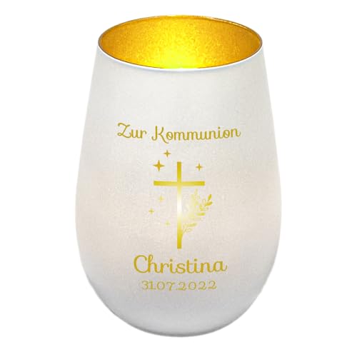 Windlicht mit Gravur zur Kommunion | Weiß/Gold | Kreuz mit Sternen | Personalisiertes Kommunionsgeschenk Junge Mädchen Buben | Tischdeko und Geschenk zur Erstkommunion | Teelichthalter von Geschenke 24