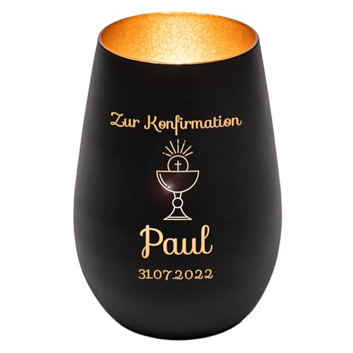 Windlicht mit Gravur zur Konfirmation | Schwarz/Gold | Motiv Kelch | Geschenk zur Konfirmation Junge Mädchen | Tischdeko und Konfirmationsgeschenk personalisiert | Teelichtglas Windlicht mit Gravur zur Konfirmation | Schwarz/Gold | Motiv Kelch | Geschenk zur Konfirmation Junge Mädchen | Tischdeko und Konfirmationsgeschenk personalisiert | Teelichtglas von Geschenke 24