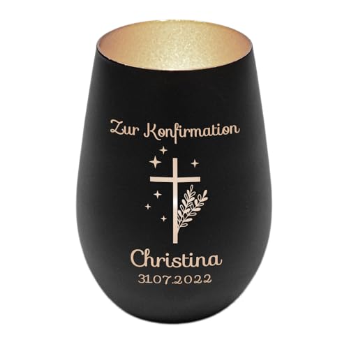 Windlicht mit Gravur zur Konfirmation | Schwarz/Silber | Motiv Kreuz mit Sternen | Geschenk zur Konfirmation Junge Mädchen | Tischdeko und Konfirmationsgeschenk personalisiert | Teelichtglas von Geschenke 24