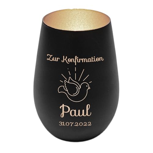 Windlicht mit Gravur zur Konfirmation | Schwarz/Silber | Motiv Taube | Geschenk zur Konfirmation Junge Mädchen | Tischdeko und Konfirmationsgeschenk personalisiert | Teelichtglas von Geschenke 24