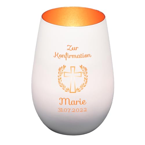 Windlicht mit Gravur zur Konfirmation | Weiß/Bronze | Motiv Kreuz mit Blumenkranz | Geschenk zur Konfirmation Junge Mädchen | Tischdeko und Konfirmationsgeschenk personalisiert | Teelichtglas von Geschenke 24