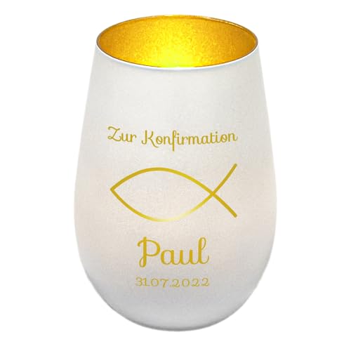 Windlicht mit Gravur zur Konfirmation | Weiß/Gold | Motiv Fisch | Geschenk zur Konfirmation Junge Mädchen | Tischdeko und Konfirmationsgeschenk personalisiert | Teelichtglas von Geschenke 24