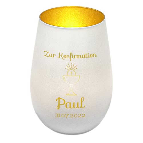 Windlicht mit Gravur zur Konfirmation | Weiß/Gold | Motiv Kelch | Geschenk zur Konfirmation Junge Mädchen | Tischdeko und Konfirmationsgeschenk personalisiert | Teelichtglas von Geschenke 24