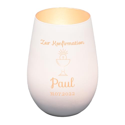 Windlicht mit Gravur zur Konfirmation | Weiß/Silber | Motiv Kelch | Geschenk zur Konfirmation Junge Mädchen | Tischdeko und Konfirmationsgeschenk personalisiert | Teelichtglas von Geschenke 24