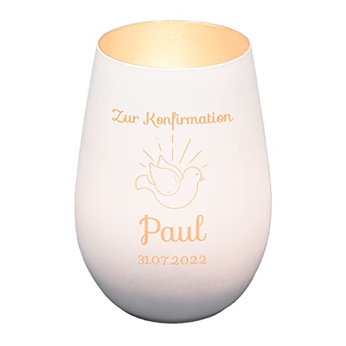 Windlicht mit Gravur zur Konfirmation | Weiß/Silber | Motiv Taube | Geschenk zur Konfirmation Junge Mädchen | Tischdeko und Konfirmationsgeschenk personalisiert | Teelichtglas Windlicht mit Gravur zur Konfirmation | Weiß/Silber | Motiv Taube | Geschenk zur Konfirmation Junge Mädchen | Tischdeko und Konfirmationsgeschenk personalisiert | Teelichtglas von Geschenke 24