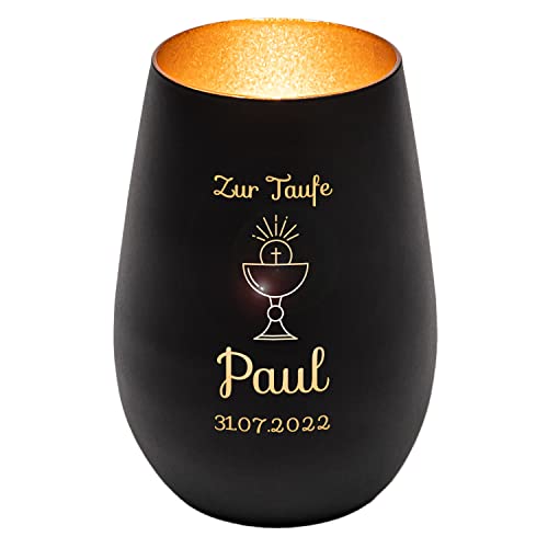 Windlicht mit Gravur zur Taufe | Schwarz/Gold | Motiv Kelch | Geschenk zur Taufe Junge Mädchen | Tischdeko und Taufgeschenk personalisiert | Kerzenhalter | Teelichtglas | Teelichthalter von Geschenke 24