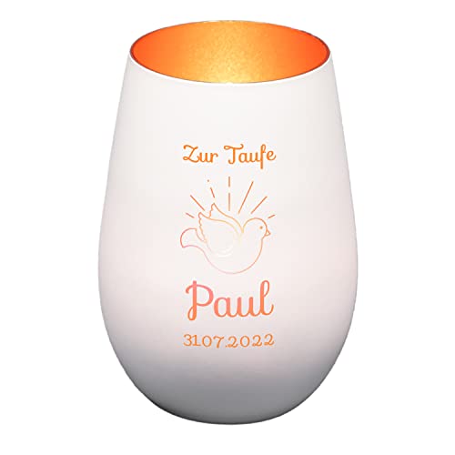 Windlicht mit Gravur zur Taufe | Weiß/Bronze | Motiv Taube | Geschenk zur Taufe Junge Mädchen | Tischdeko und Taufgeschenk personalisiert | Kerzenhalter | Teelichtglas | Teelichthalter Windlicht mit Gravur zur Taufe | Weiß/Bronze | Motiv Taube | Geschenk zur Taufe Junge Mädchen | Tischdeko und Taufgeschenk personalisiert | Kerzenhalter | Teelichtglas | Teelichthalter von Geschenke 24