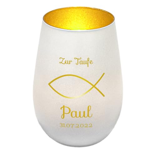 Windlicht mit Gravur zur Taufe | Weiß/Gold | Motiv Fisch | Geschenk zur Taufe Junge Mädchen | Tischdeko und Taufgeschenk personalisiert | Kerzenhalter | Teelichtglas | Teelichthalter von Geschenke 24