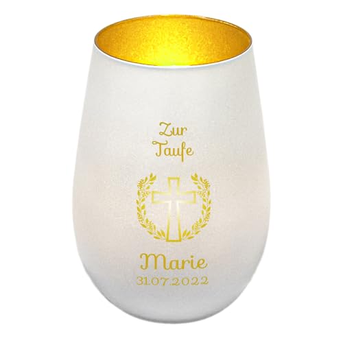 Windlicht mit Gravur zur Taufe | Weiß/Gold | Motiv Kreuz mit Blumenkranz | Geschenk zur Taufe Junge Mädchen | Tischdeko und Taufgeschenk personalisiert | Kerzenhalter | Teelichtglas | Teelichthalter von Geschenke 24