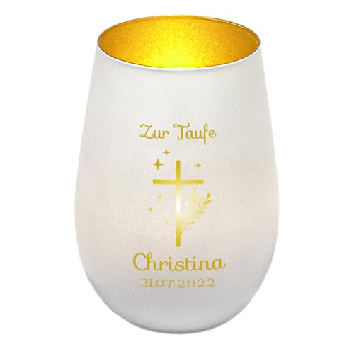 Windlicht mit Gravur zur Taufe | Weiß/Gold | Motiv Kreuz mit Sternen | Geschenk zur Taufe Junge Mädchen | Tischdeko und Taufgeschenk personalisiert | Kerzenhalter | Teelichtglas | Teelichthalter von Geschenke 24