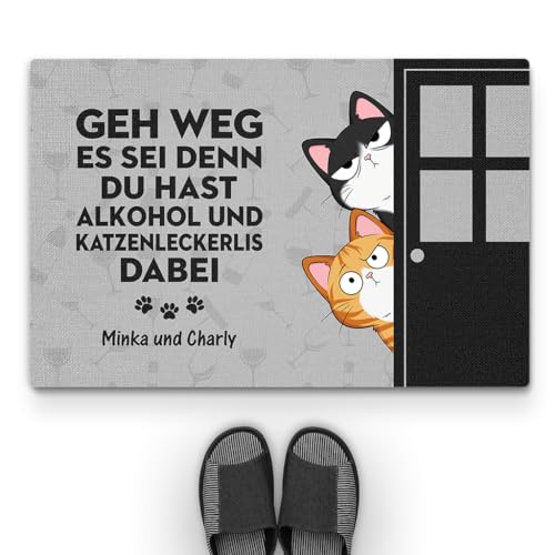 Geschenke Mall Personalisierte Fussmatte - GEH Weg, es sei denn, du hast Alkohol und Katzenleckerlis dabei - Fussmatte Katzen Personalisiert, Fußmatte für Katzenliebhaber (#2, 60x40 cm) von Geschenke Mall