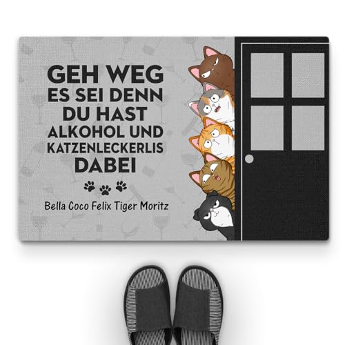Geschenke Mall Personalisierte Fussmatte - GEH Weg, es sei denn, du hast Alkohol und Katzenleckerlis dabei - Fussmatte Katzen Personalisiert, Fußmatte für Katzenliebhaber (#5, 60x40 cm) von Geschenke Mall