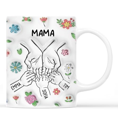 Geschenke Mall Personalisierte Tasse - Mama & Kinder Hand In Hand Blumen - Personalisierte Geschenke Für Mama Tasse Muttertag, Oma Tasse Personalisiert (Modell #3) von Geschenke Mall