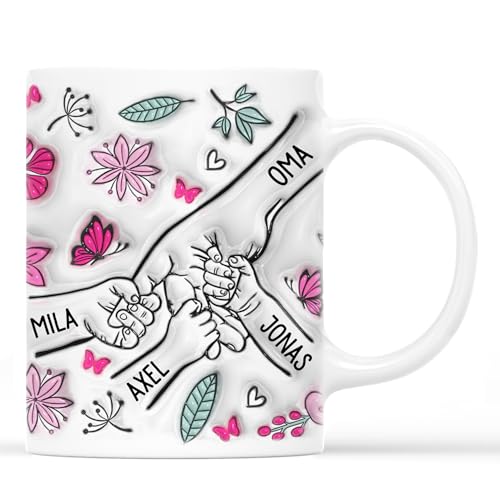 Geschenke Mall Personalisierte Tasse - Oma, Mama Und Enkelkinder Blumen Hand In Hand - Personalisierte Geschenke Für Mama, Muttertag, Oma Tasse Personalisiert (Modell #3) von Geschenke Mall