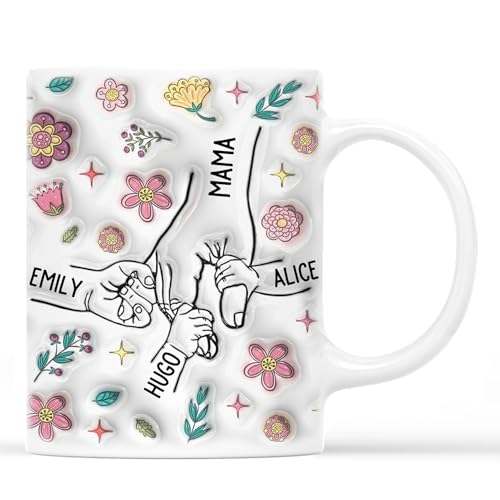 Geschenke Mall Personalisierte Tasse - Oma, Mama Und Enkelkinder Blumen Hand In Hand - Personalisierte Geschenke Für Mama, Muttertag, Oma Tasse Personalisiert (Modell #4) von Geschenke Mall