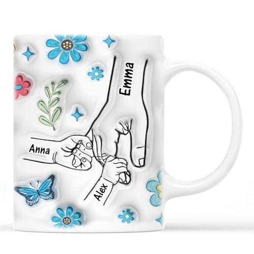 Geschenke Mall Personalisierte Tasse - Oma, Mama Und Enkelkinder Blumen Hand In Hand - Personalisierte Geschenke Für Mama, Muttertag, Oma Tasse Personalisiert (Modell #7) von Geschenke Mall