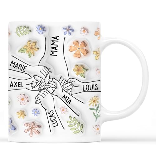 Geschenke Mall Personalisierte Tasse - Oma, Mama Und Enkelkinder Blumen Hand In Hand - Personalisierte Geschenke Für Mama, Muttertag, Oma Tasse Personalisiert (Modell #8) von Geschenke Mall