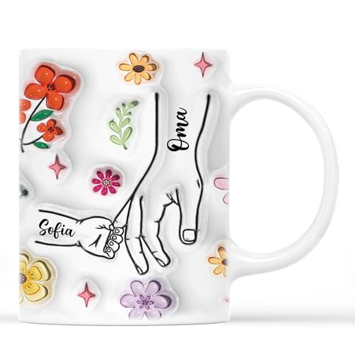 Geschenke Mall Personalisierte Tasse - Oma Mama & Kinder Hand In Hand Blumen - Personalisierte Geschenke Für Mama Tasse, Muttertag (Modell #4) von Geschenke Mall