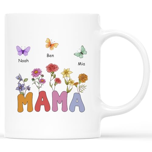 Geschenke Mall Personalisierte Tasse - Oma Und Enkel Blumen - Personalisierte Geschenke Für Mama Tasse Muttertag, Geschenk Mama, Oma Tasse Personalisiert (3 Schmetterlinge) von Geschenke Mall